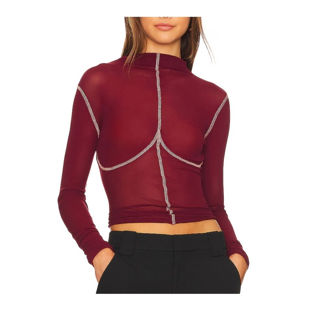 Atoir x Lara Worthington‎ Mesh Top Women S/8 Maroon Stretch Sheer Mock Neck